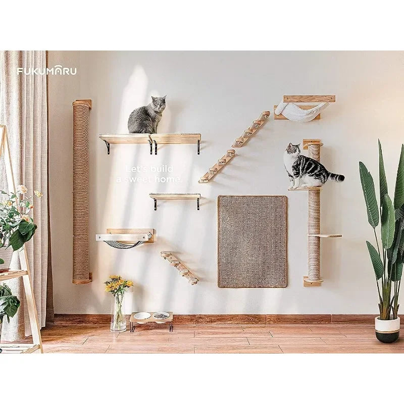 Cat Activity Tree with Scratching Posts, Wall Mounted Jute Scratcher Pine Hammock