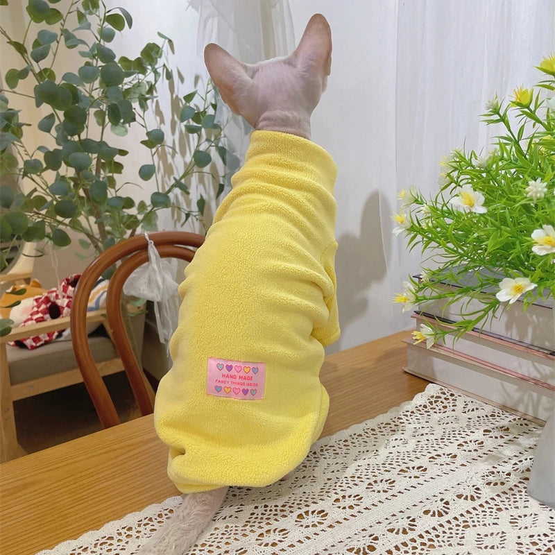 Fleece Coat for Sphynx Cat Warm Sweatshirt 4-legged Jumpsuit for Kittens Dogs soft Loungewear for Male Cat Devon Rex Sweater
