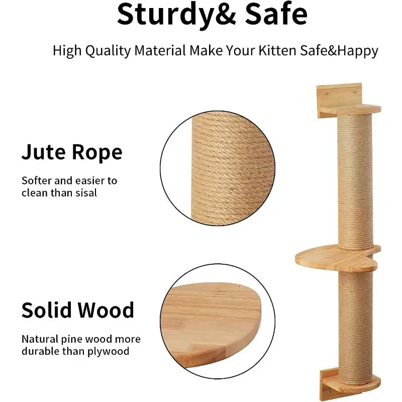 Cat Activity Tree with Scratching Posts, Wall Mounted Jute Scratcher Pine Hammock