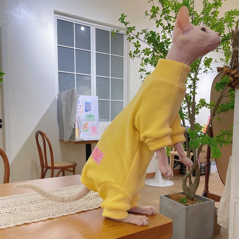 Fleece Coat for Sphynx Cat Warm Sweatshirt 4-legged Jumpsuit for Kittens Dogs soft Loungewear for Male Cat Devon Rex Sweater