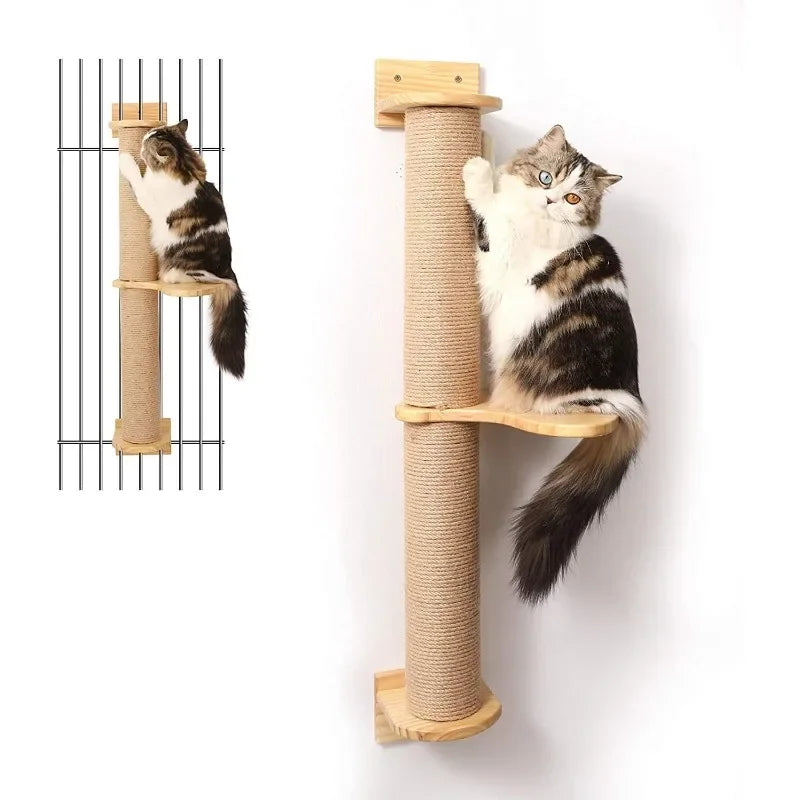 Cat Activity Tree with Scratching Posts, Wall Mounted Jute Scratcher Pine Hammock